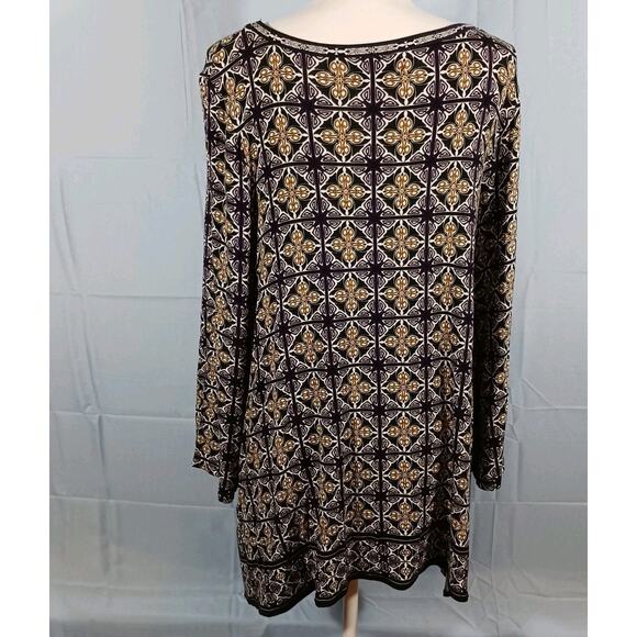 Max Edition Tunic Women Medium 3/4 Sleeve Black Geometric Handkerchief Hem Rayon - Picture 3 of 9